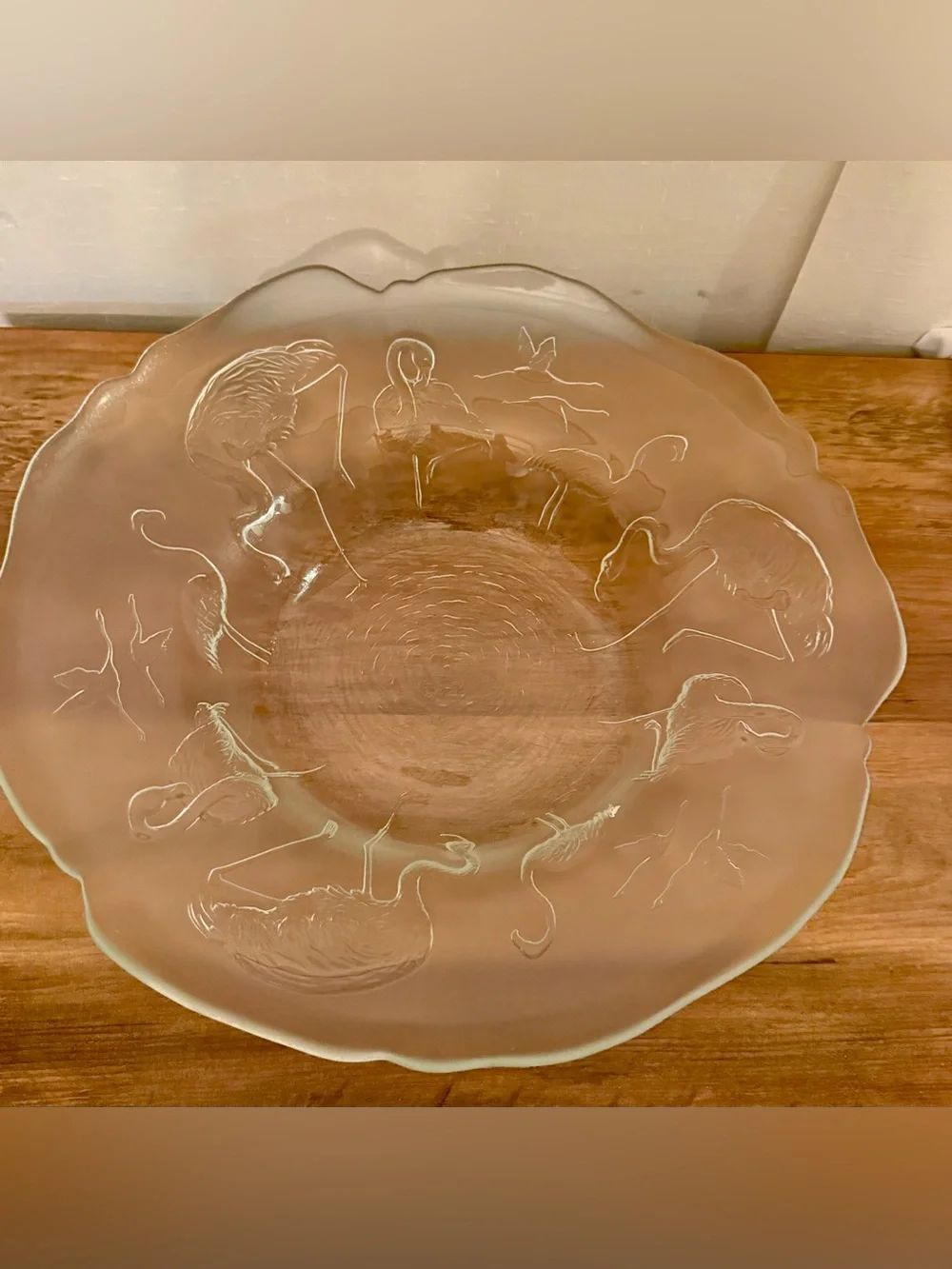 🦩Raised flamingo 🦩 bowl.  French glass 14” scalloped edge.